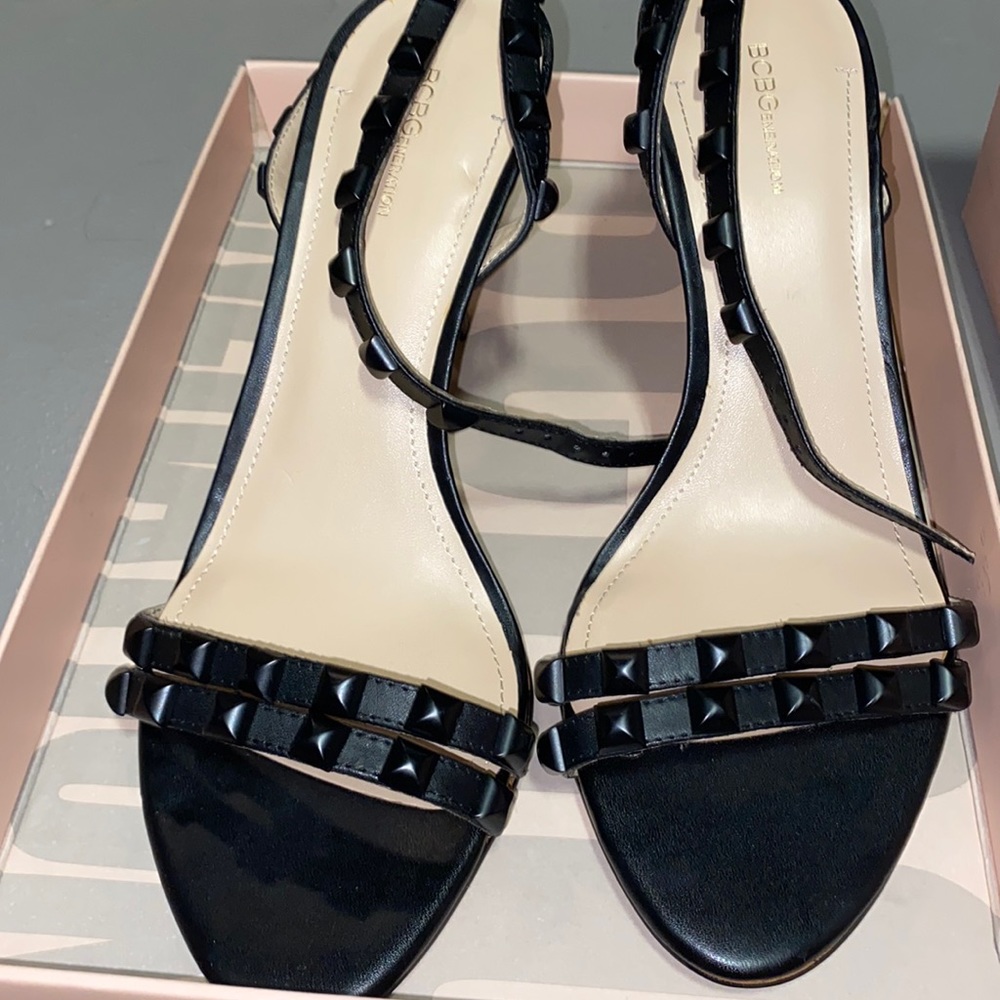 BCBG black low heels with studs and ankle strap